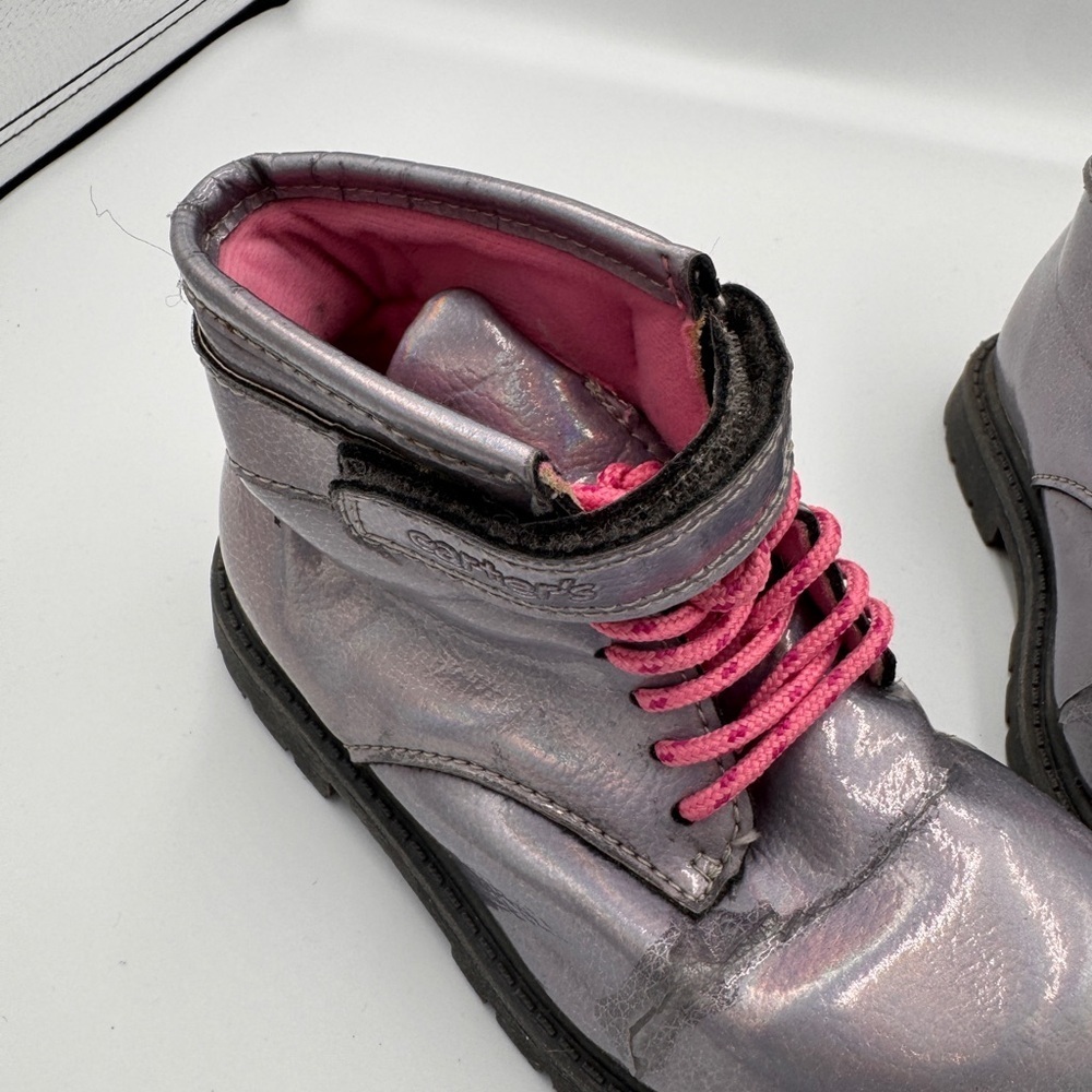Carter's Girls Size 10 Shiny Silver Kids Combat Boots with Pink Laces - Picture 4 of 11